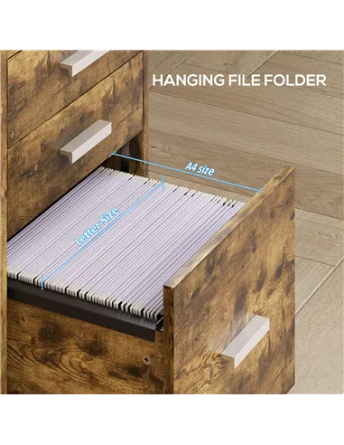HOMCOM 3 Drawer Filing Cabinet, Rolling File Cabinet with Edged Top for Letter, A4 Size, Hanging File Folders, Rustic Brown