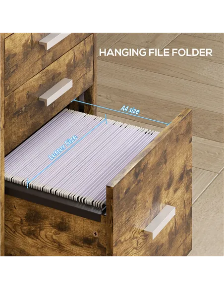 HOMCOM 3 Drawer Filing Cabinet, Rolling File Cabinet with Edged Top for Letter, A4 Size, Hanging File Folders, Rustic Brown