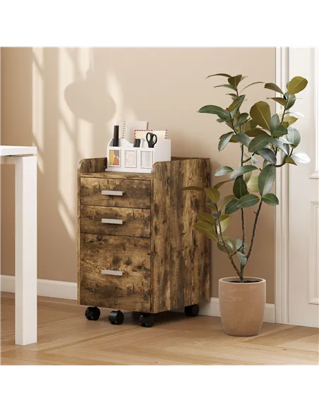 HOMCOM 3 Drawer Filing Cabinet, Rolling File Cabinet with Edged Top for Letter, A4 Size, Hanging File Folders, Rustic Brown