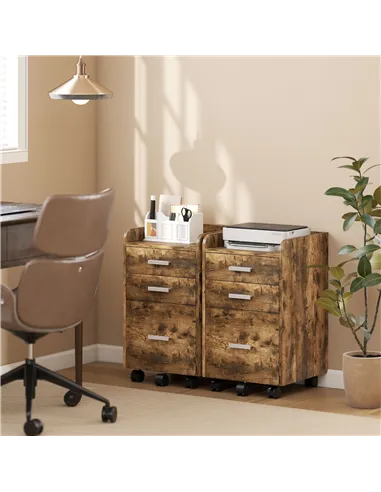 HOMCOM 3 Drawer Filing Cabinet, Rolling File Cabinet with Edged Top for Letter, A4 Size, Hanging File Folders, Rustic Brown