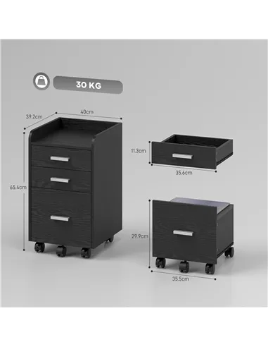 HOMCOM 3 Drawer Filing Cabinet, Rolling File Cabinet with Edged Top for Letter, A4 Size, Hanging File Folders, Black