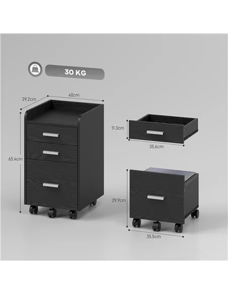 HOMCOM 3 Drawer Filing Cabinet, Rolling File Cabinet with Edged Top for Letter, A4 Size, Hanging File Folders, Black