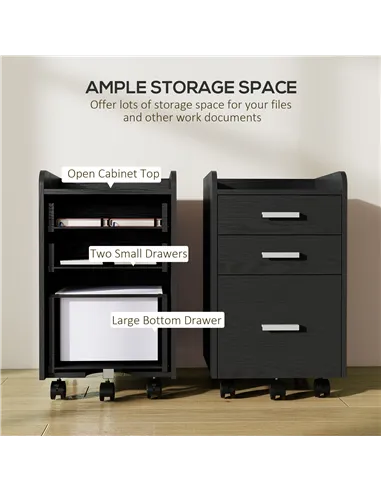 HOMCOM 3 Drawer Filing Cabinet, Rolling File Cabinet with Edged Top for Letter, A4 Size, Hanging File Folders, Black