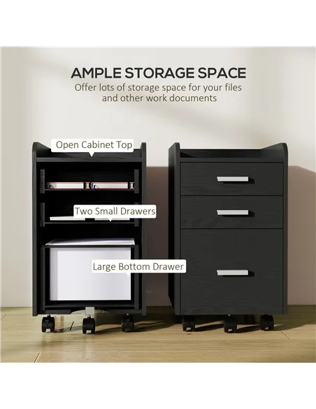 HOMCOM 3 Drawer Filing Cabinet, Rolling File Cabinet with Edged Top for Letter, A4 Size, Hanging File Folders, Black