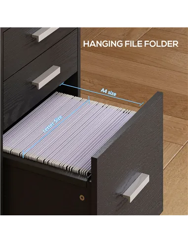 HOMCOM 3 Drawer Filing Cabinet, Rolling File Cabinet with Edged Top for Letter, A4 Size, Hanging File Folders, Black