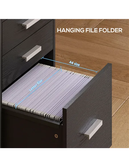 HOMCOM 3 Drawer Filing Cabinet, Rolling File Cabinet with Edged Top for Letter, A4 Size, Hanging File Folders, Black