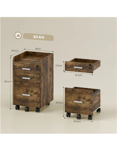 HOMCOM 3 Drawer Filing Cabinet with Lock, Rolling File Cabinet with Edged Top for Letter, A4 Size, Hanging File Folders