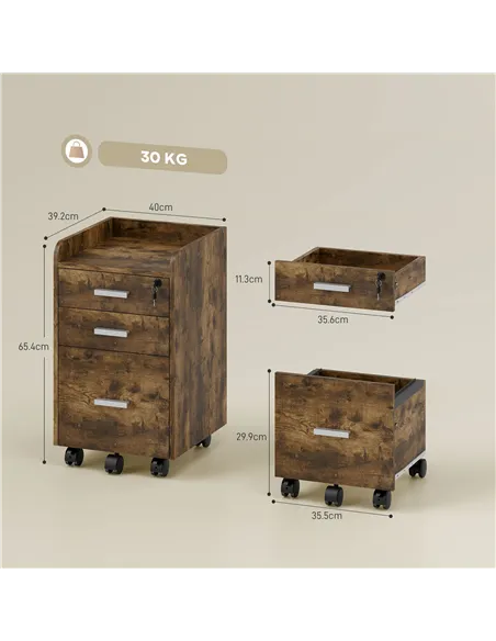 HOMCOM 3 Drawer Filing Cabinet with Lock, Rolling File Cabinet with Edged Top for Letter, A4 Size, Hanging File Folders