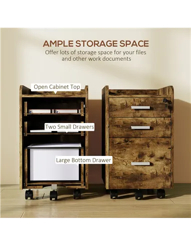 HOMCOM 3 Drawer Filing Cabinet with Lock, Rolling File Cabinet with Edged Top for Letter, A4 Size, Hanging File Folders