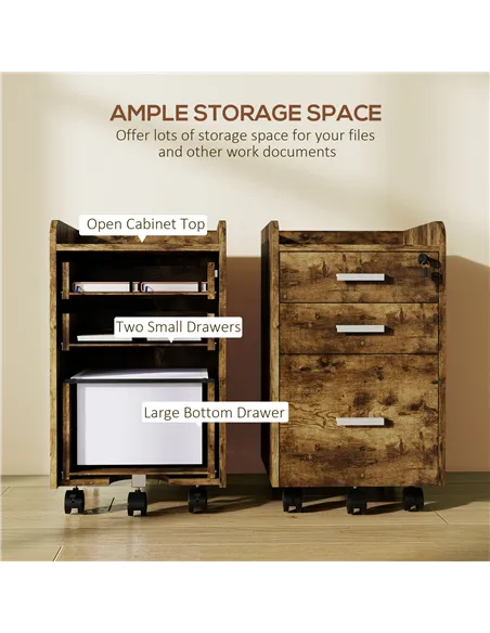 HOMCOM 3 Drawer Filing Cabinet with Lock, Rolling File Cabinet with Edged Top for Letter, A4 Size, Hanging File Folders