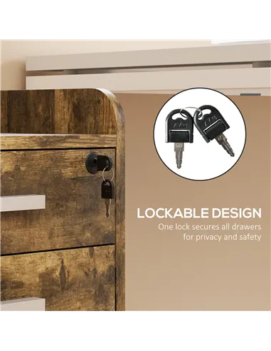 HOMCOM 3 Drawer Filing Cabinet with Lock, Rolling File Cabinet with Edged Top for Letter, A4 Size, Hanging File Folders