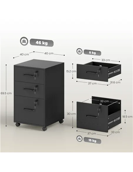 HOMCOM Three Drawer Wood-Effect Filing Cabinet - Black