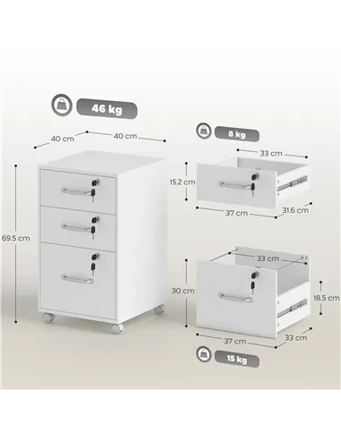 HOMCOM Three Drawer Wood-Effect Filing Cabinet - White