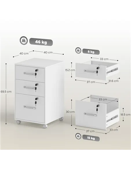 HOMCOM Three Drawer Wood-Effect Filing Cabinet - White