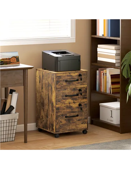 HOMCOM Three Drawer Wood-Effect Filing Cabinet - Rustic Brown