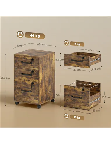 HOMCOM Three Drawer Wood-Effect Filing Cabinet - Rustic Brown