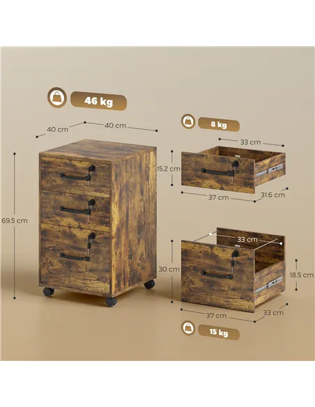 HOMCOM Three Drawer Wood-Effect Filing Cabinet - Rustic Brown