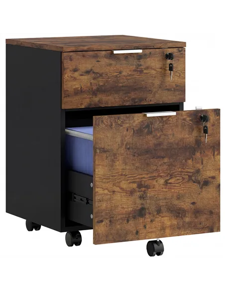 HOMCOM Two-Drawer Lockable Filing Cabinet - Black and Rustic Brown