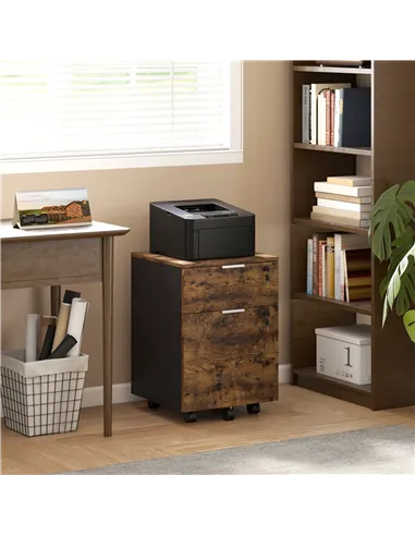 HOMCOM Two-Drawer Lockable Filing Cabinet - Black and Rustic Brown