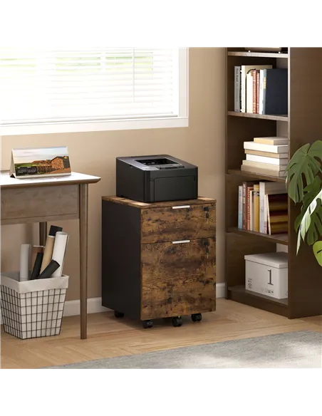 HOMCOM Two-Drawer Lockable Filing Cabinet - Black and Rustic Brown