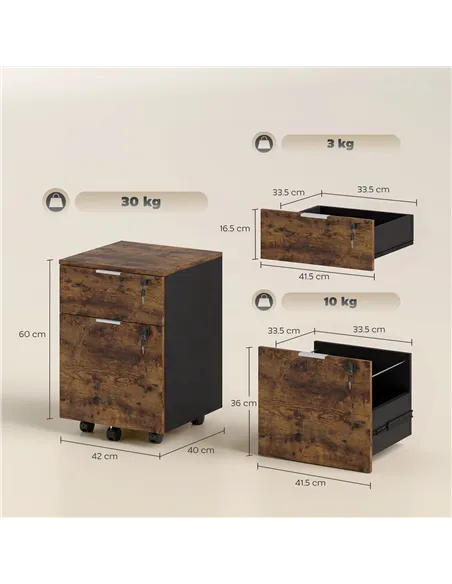 HOMCOM Two-Drawer Lockable Filing Cabinet - Black and Rustic Brown