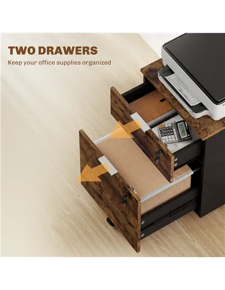 HOMCOM Two-Drawer Lockable Filing Cabinet - Black and Rustic Brown