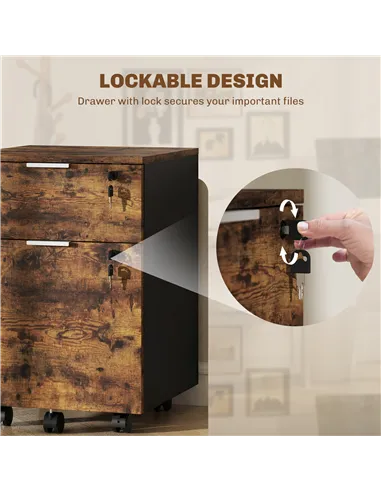 HOMCOM Two-Drawer Lockable Filing Cabinet - Black and Rustic Brown