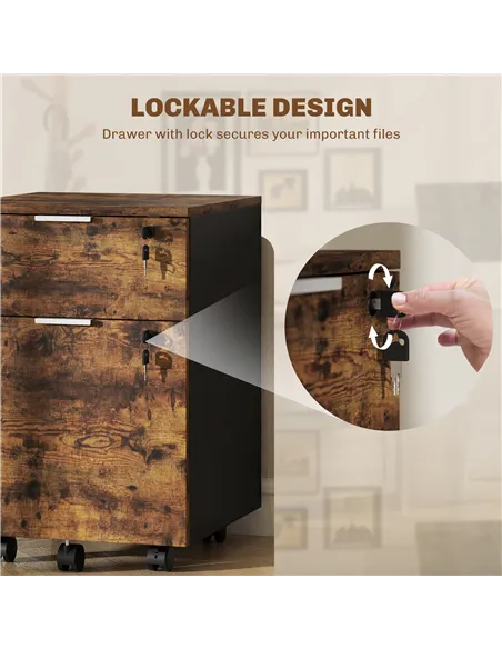 HOMCOM Two-Drawer Lockable Filing Cabinet - Black and Rustic Brown