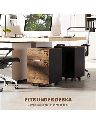 HOMCOM Two-Drawer Lockable Filing Cabinet - Black and Rustic Brown