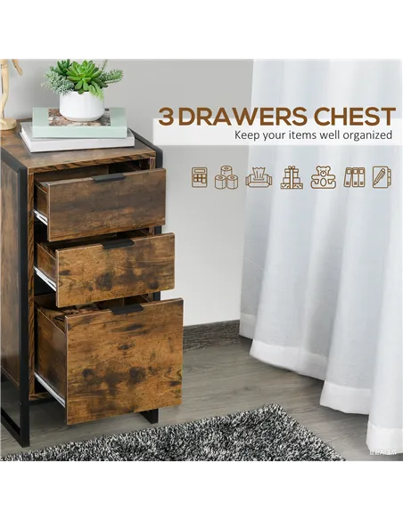 HOMCOM Bedroom Chest of Drawers, Industrial 3-Drawer Dresser, Storage Drawers Unit with Metal Frame for Living Room, Rustic Brow