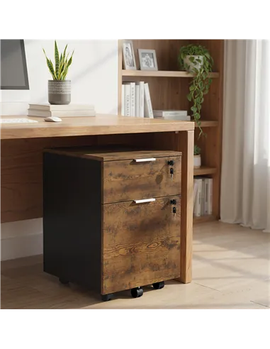 HOMCOM Two-Drawer Lockable Filing Cabinet - Black and Rustic Brown