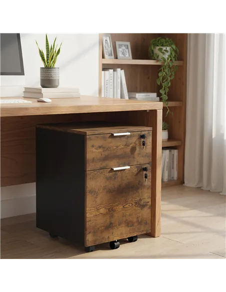 HOMCOM Two-Drawer Lockable Filing Cabinet - Black and Rustic Brown