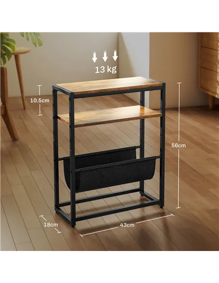 HOMCOM Narrow Side Table, End Table with 3-Tier Storage, V-Shaped Magazine Holder for Living Room, Bedroom, 43 x 18 x 56 cm, Ru