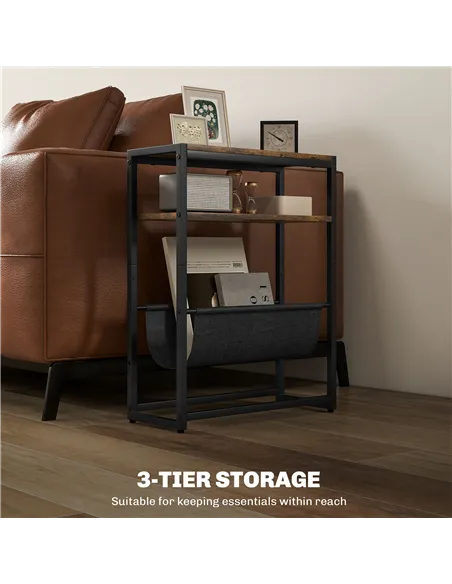 HOMCOM Narrow Side Table, End Table with 3-Tier Storage, V-Shaped Magazine Holder for Living Room, Bedroom, 43 x 18 x 56 cm, Ru