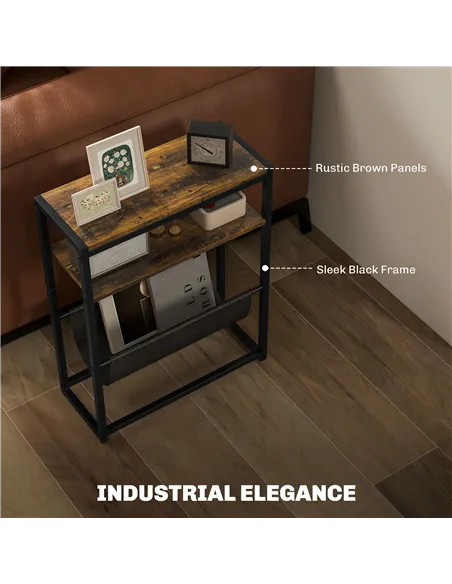 HOMCOM Narrow Side Table, End Table with 3-Tier Storage, V-Shaped Magazine Holder for Living Room, Bedroom, 43 x 18 x 56 cm, Ru