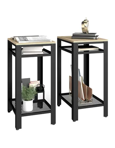 HOMCOM Tall Side Table Set of 2 with 3 Layer, 2 Shelves Storage Display Industrial-Style, Metal Frame, Bedside End Table for Liv