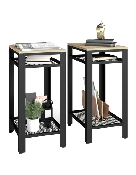 HOMCOM Tall Side Table Set of 2 with 3 Layer, 2 Shelves Storage Display Industrial-Style, Metal Frame, Bedside End Table for Liv