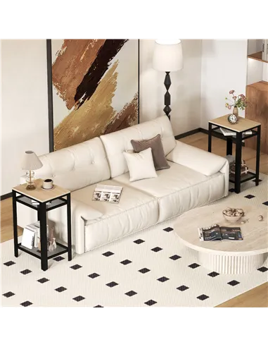 HOMCOM Tall Side Table Set of 2 with 3 Layer, 2 Shelves Storage Display Industrial-Style, Metal Frame, Bedside End Table for Liv