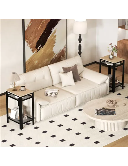 HOMCOM Tall Side Table Set of 2 with 3 Layer, 2 Shelves Storage Display Industrial-Style, Metal Frame, Bedside End Table for Liv