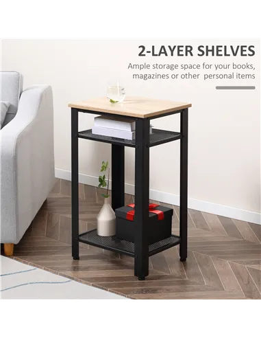 HOMCOM Tall Side Table Set of 2 with 3 Layer, 2 Shelves Storage Display Industrial-Style, Metal Frame, Bedside End Table for Liv