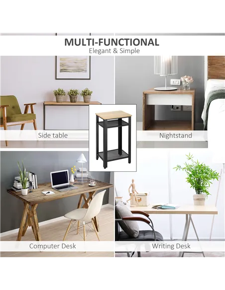 HOMCOM Tall Side Table Set of 2 with 3 Layer, 2 Shelves Storage Display Industrial-Style, Metal Frame, Bedside End Table for Liv