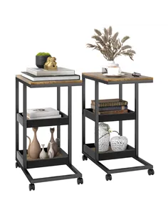 HOMCOM Mobile Sofa Side Table Set of 2, Industrial C-Shaped Rolling Table with 3-Tier Storage Shelving, Four Lockable Wheels Ste