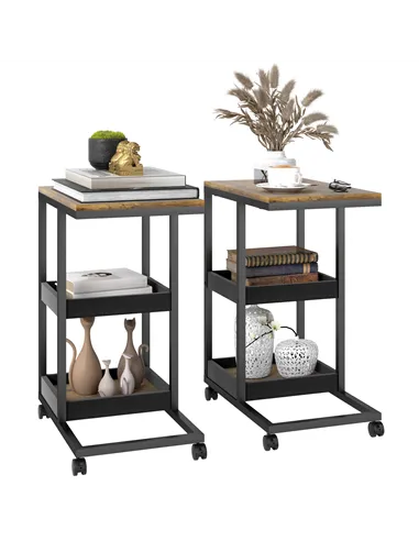 HOMCOM Mobile Sofa Side Table Set of 2, Industrial C-Shaped Rolling Table with 3-Tier Storage Shelving, Four Lockable Wheels Ste