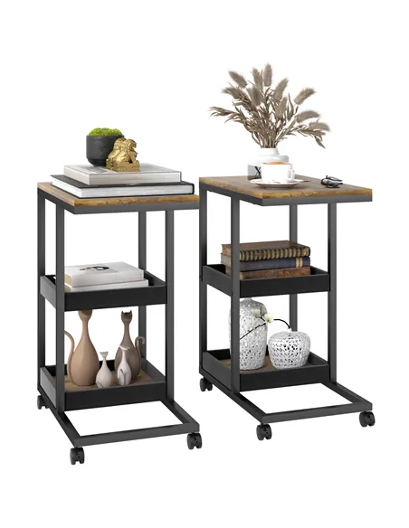 HOMCOM Mobile Sofa Side Table Set of 2, Industrial C-Shaped Rolling Table with 3-Tier Storage Shelving, Four Lockable Wheels Ste