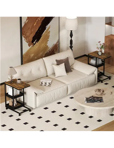 HOMCOM Mobile Sofa Side Table Set of 2, Industrial C-Shaped Rolling Table with 3-Tier Storage Shelving, Four Lockable Wheels Ste