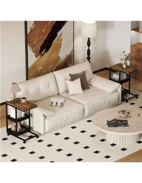 HOMCOM Mobile Sofa Side Table Set of 2, Industrial C-Shaped Rolling Table with 3-Tier Storage Shelving, Four Lockable Wheels Ste