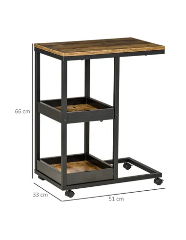 HOMCOM Mobile Sofa Side Table Set of 2, Industrial C-Shaped Rolling Table with 3-Tier Storage Shelving, Four Lockable Wheels Ste