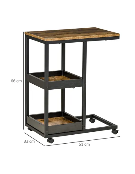HOMCOM Mobile Sofa Side Table Set of 2, Industrial C-Shaped Rolling Table with 3-Tier Storage Shelving, Four Lockable Wheels Ste
