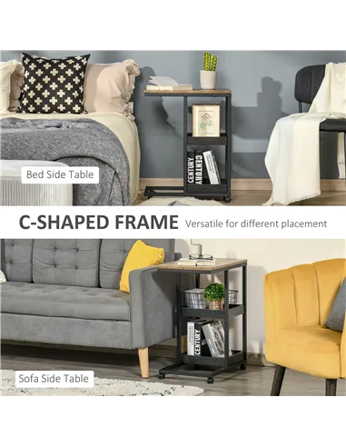 HOMCOM Mobile Sofa Side Table Set of 2, Industrial C-Shaped Rolling Table with 3-Tier Storage Shelving, Four Lockable Wheels Ste