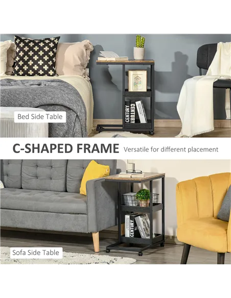 HOMCOM Mobile Sofa Side Table Set of 2, Industrial C-Shaped Rolling Table with 3-Tier Storage Shelving, Four Lockable Wheels Ste